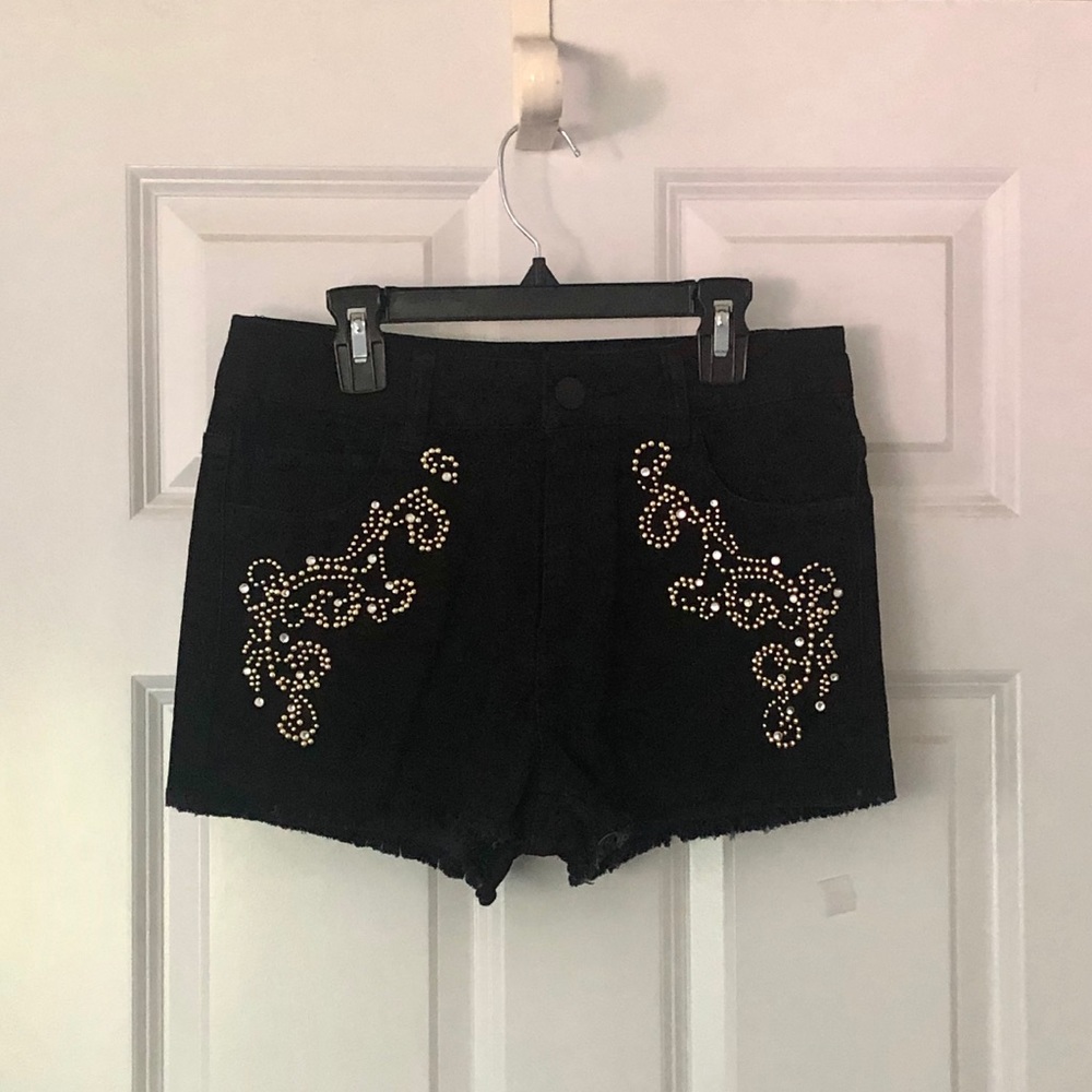 Black Denim Short with Gold Beading